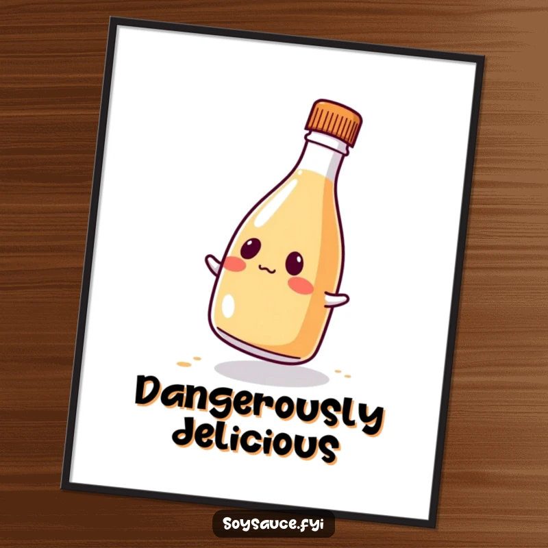 Funny kawaii soy sauce bottle digital art print, showcasing a comical wobble and cute expression, instantly downloadable.