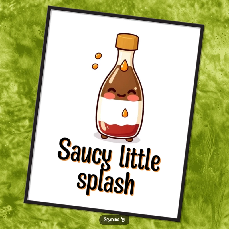 Funny Kawaii soy sauce bottle digital art print, smiling and splashing a tiny drop, vibrant and humorous culinary art.