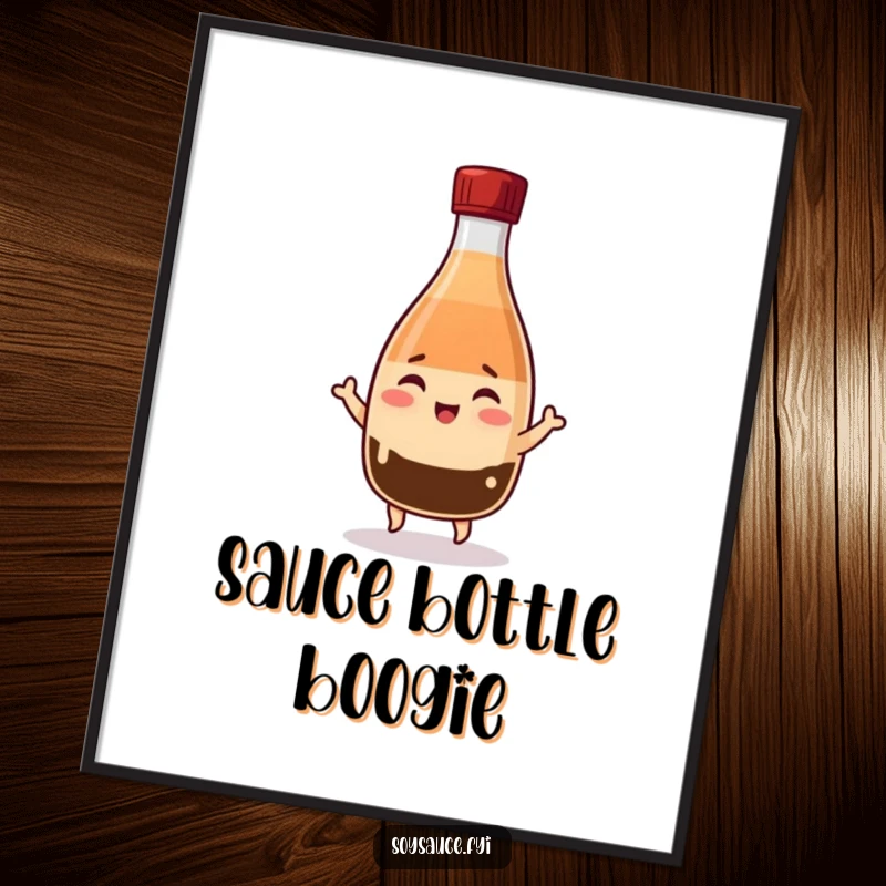 Funny Kawaii soy sauce bottle digital art print, winking and jigging cheerfully, vibrant and humorous dancing art.