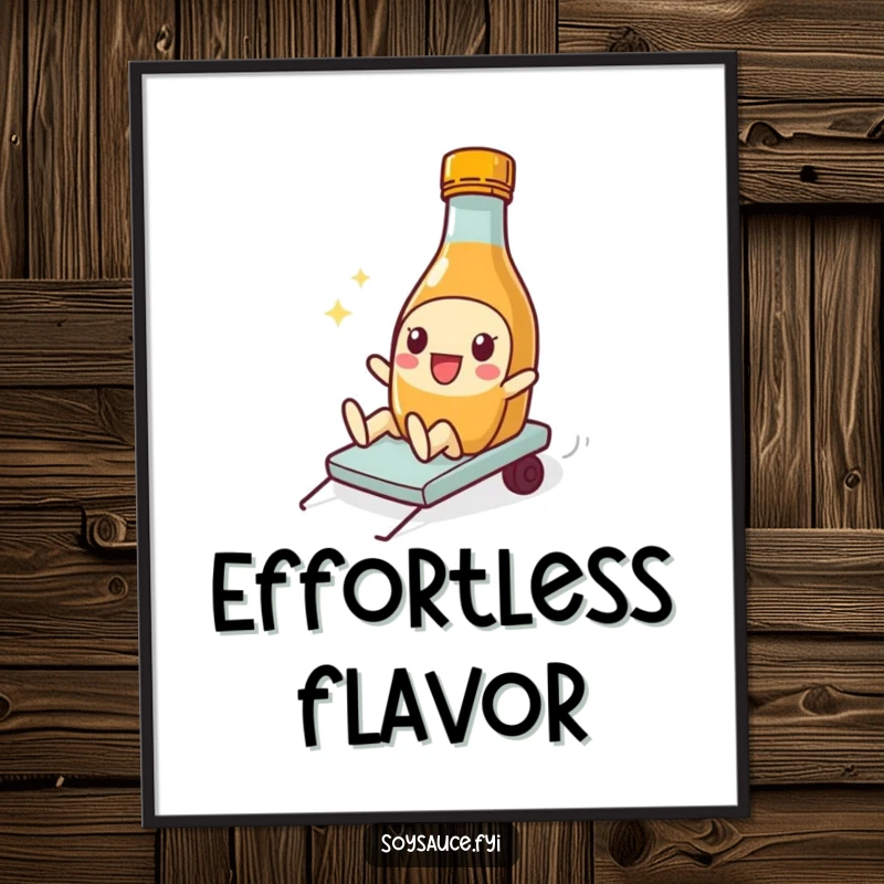 Funny Digital Soy Sauce Art Print of a playful bottle character doing a silly slide, perfect for vibrant decor.
