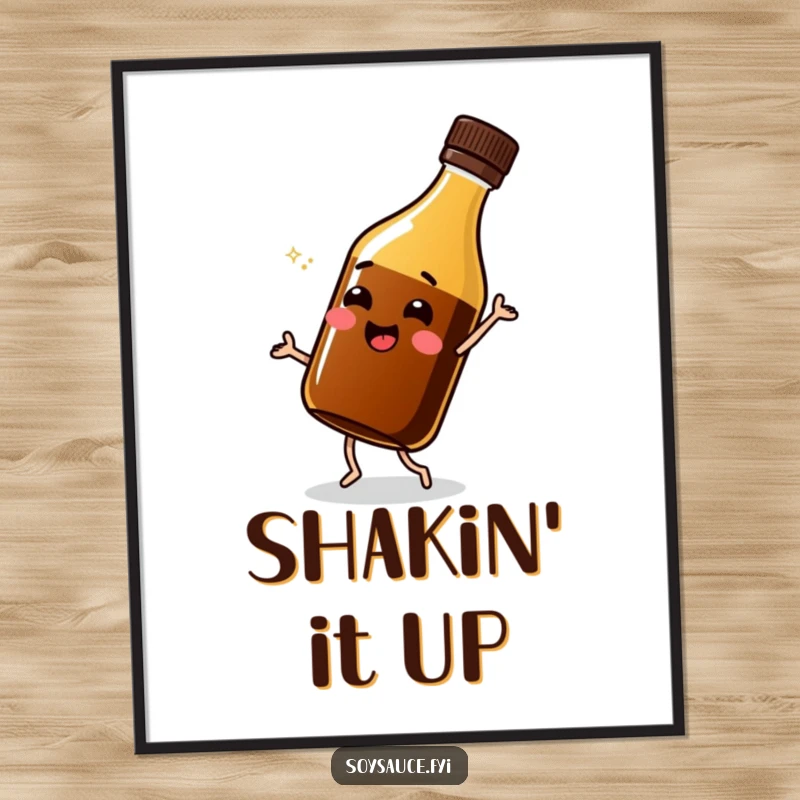 Funny soy sauce bottle digital art print, in a dynamic shimmy, vibrant and humorous wall decor.
