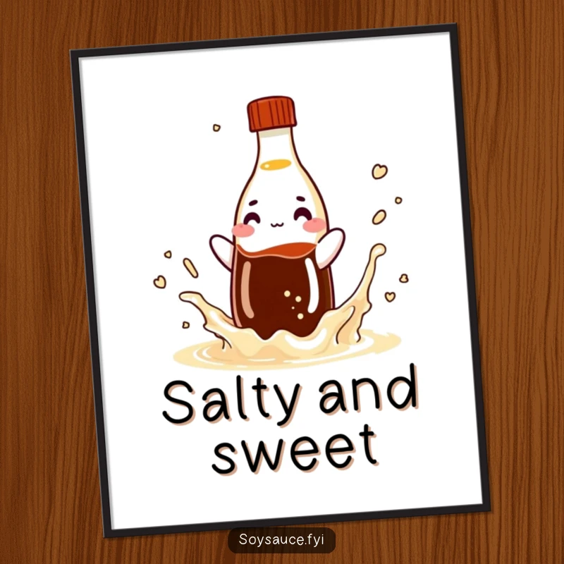 Funny soy sauce bottle digital art print, a playful condiment character captured in a splash, ready to liven up any screen.
