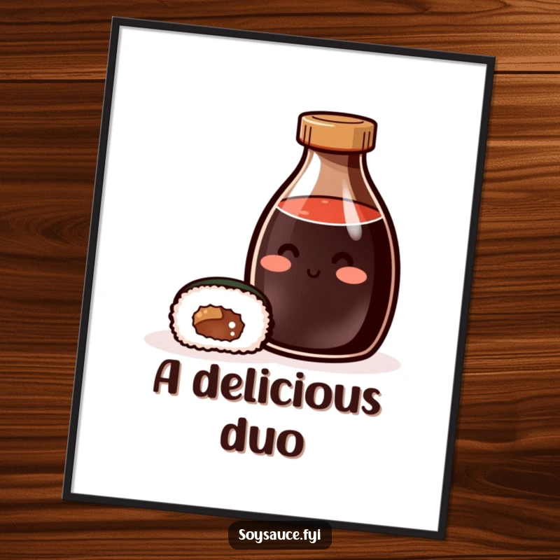 Funny Digital Art: High-resolution print of a smiling soy sauce bottle and sushi roll, radiating deliciousness and contentment.