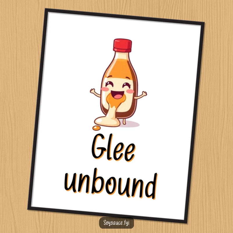 Funny Soy Sauce Glee Spill Digital Art Print of a cheerful bottle character joyfully spilling, bringing infectious humor and delightful chaos to displays.