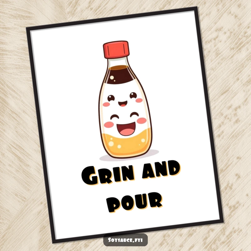 Funny Kawaii soy sauce bottle character with a big, happy grin, available as a printable digital art file.