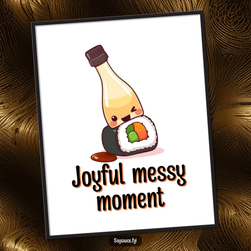 Funny kawaii soy sauce bottle tipping over playfully onto a sushi roll, available as an instant download for humorous wall art.