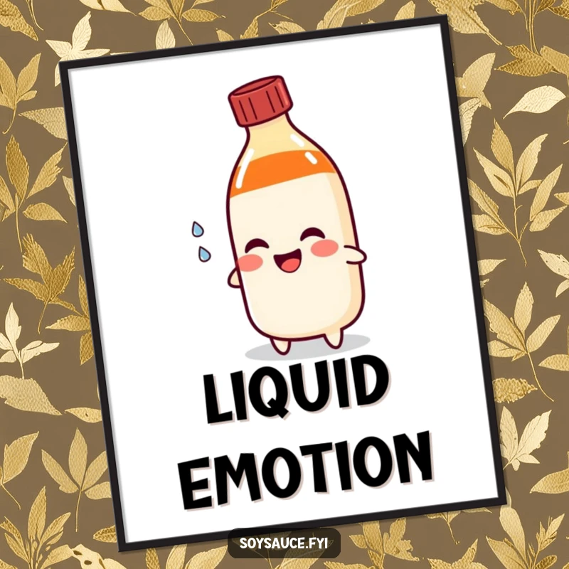 Funny soy sauce bottle digital art print shedding a happy tear, providing instant humorous wall decor with comical emotion.