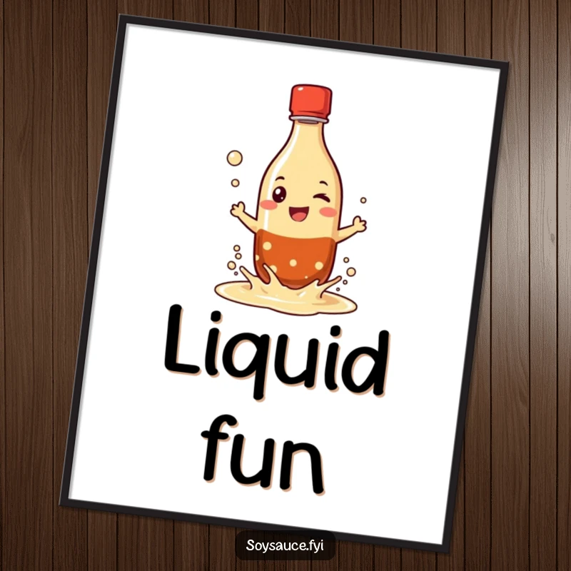 Funny digital art print of a grinning soy sauce bottle character playfully splashing its liquid, perfect for adding whimsical humor to any room.