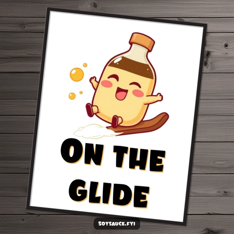 Funny winking soy sauce bottle digital art print doing a smooth slide, offering instant cool vibes and humorous wall decor.