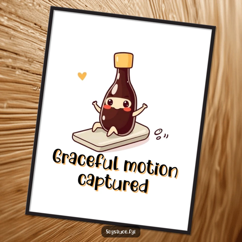 Funny kawaii soy sauce bottle doing a smooth, funny slide with a smile, available as an instant download for humorous wall art.