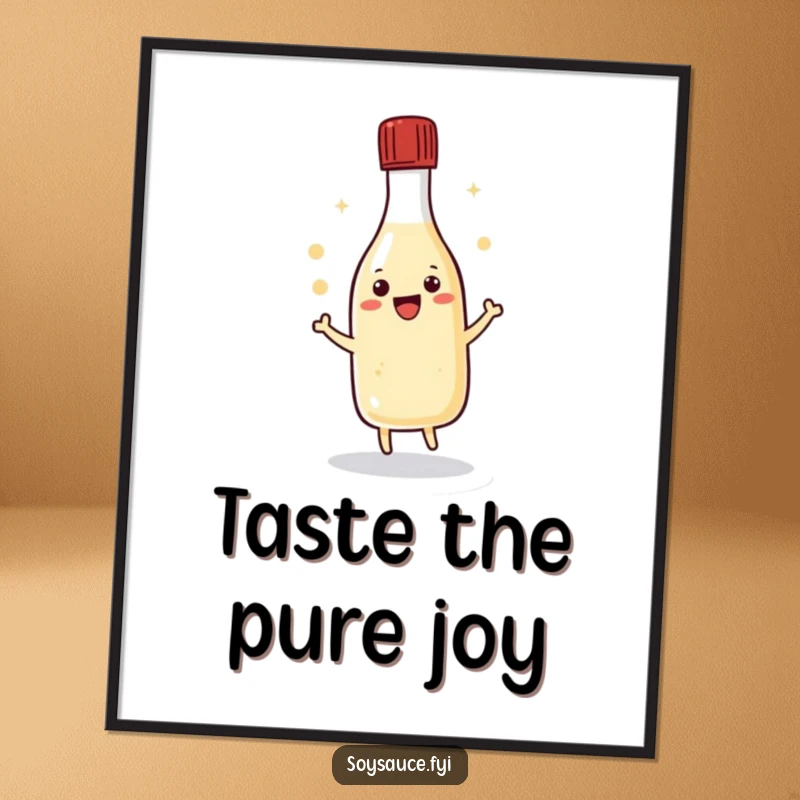 Funny kawaii soy sauce bottle doing a happy dance with its cap, available as an instant download for humorous wall art.