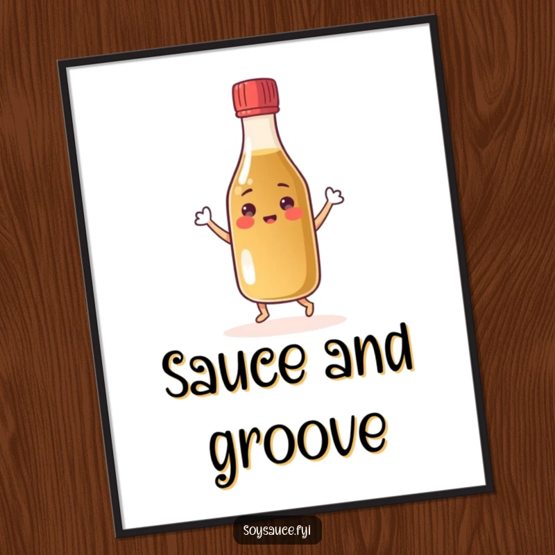 Funny cheerful soy sauce bottle digital art print dancing with its cap, a happy condiment character ready to entertain.