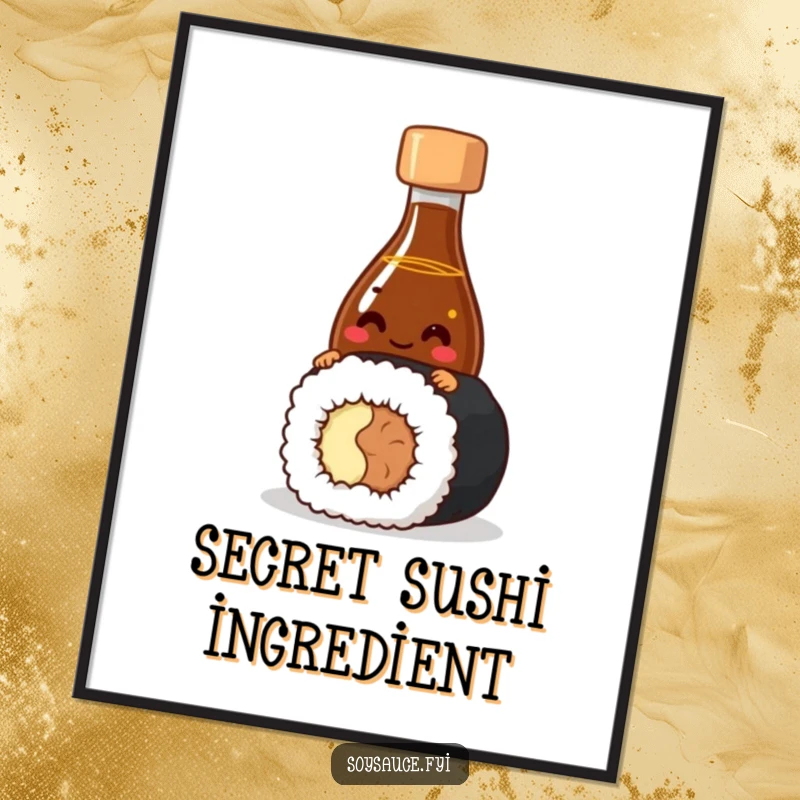 Funny Digital Art Print featuring a giggling soy sauce bottle character peeking from behind sushi, perfect for instant foodie humor.