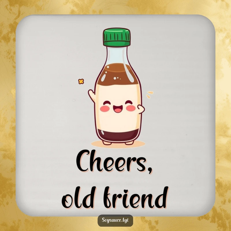 Funny Kawaii soy sauce bottle character tipping its cap playfully, featured on a set of funny drink coasters.