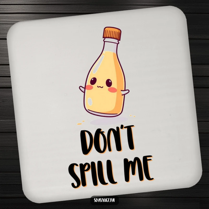Funny kawaii soy sauce bottle coaster, featuring a comical wobble and cute expression, prevents drink rings humorously.