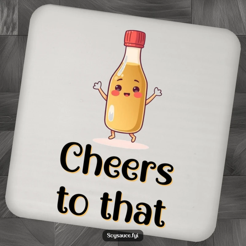 Funny cheerful soy sauce bottle coaster dancing with its cap, a happy condiment character protecting surfaces.