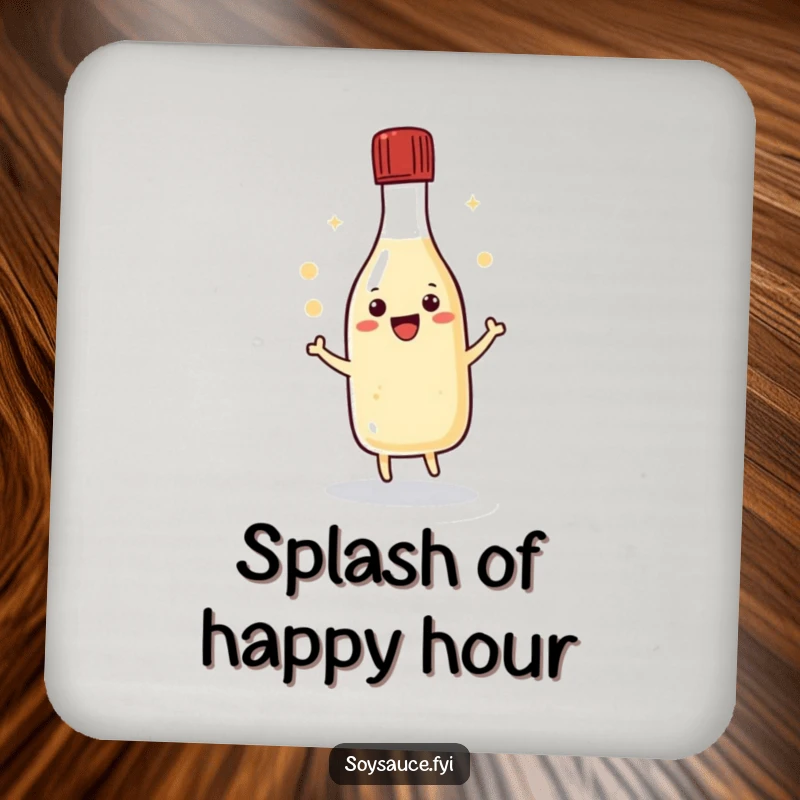 Funny kawaii soy sauce bottle doing a happy dance with its cap, adding humor and protection to drink surfaces.