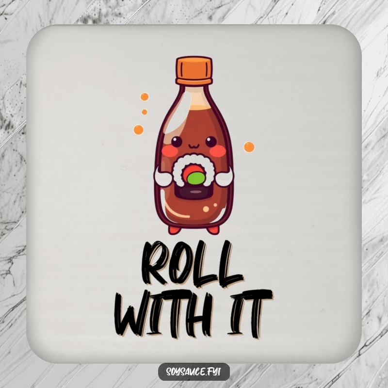Funny kawaii soy sauce bottle playfully holding a tiny sushi roll, on a protective drink coaster.