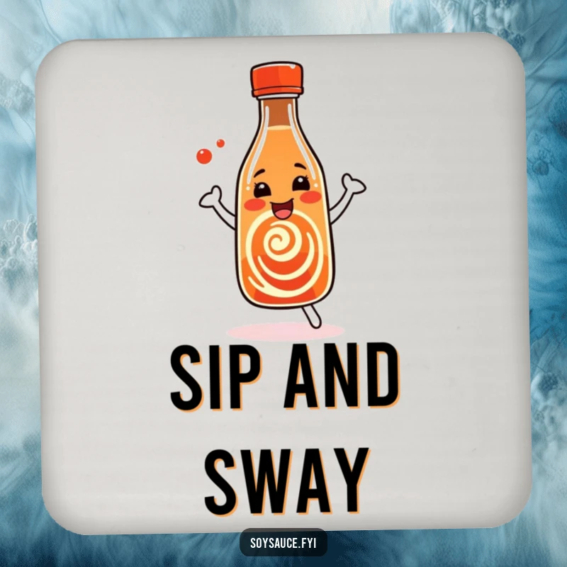 Funny Soy Sauce Coaster showcasing a dancing bottle with a happy swirl pattern, guarding your table surfaces.