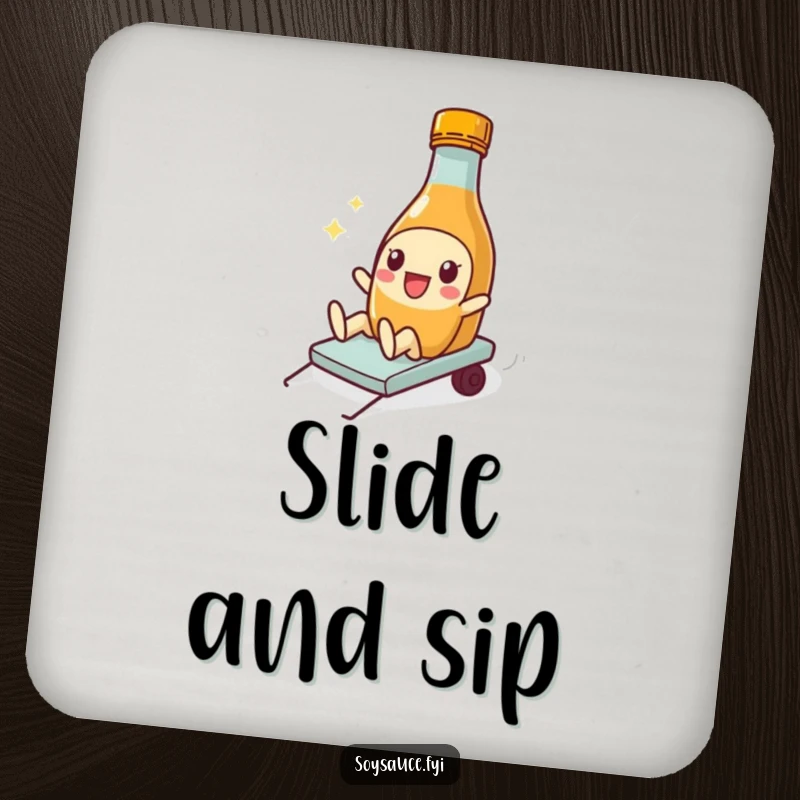 Funny Soy Sauce Coaster showcasing a playful bottle character in a silly slide, guarding your table surfaces.