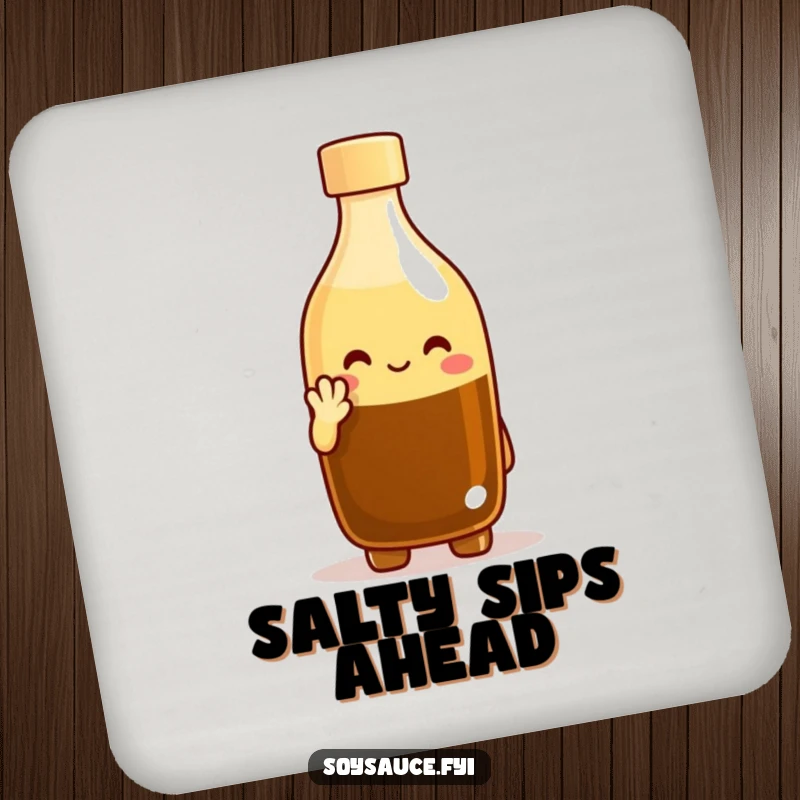 Funny drink coaster featuring a cheerful soy sauce bottle character politely nodding, protecting surfaces with adorable humor. A charming funny gift.
