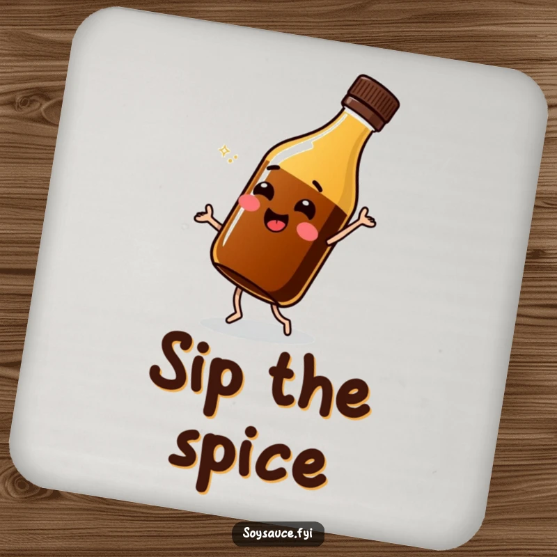 Funny soy sauce bottle coaster, performing a joyful shimmy, protecting surfaces with humorous charm.