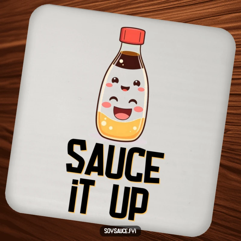 Funny Kawaii soy sauce bottle character with a wide, happy grin, featured on a set of funny drink coasters.