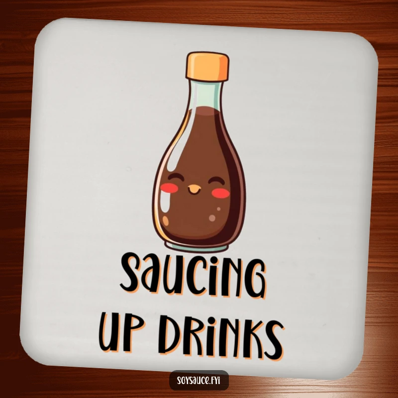 Funny drink coaster featuring a smiling soy sauce bottle character with a grin, a small but impactful piece of humorous decor.