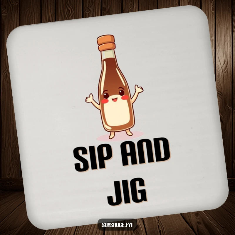 Funny soy sauce bottle drink coaster, happy character in hat doing a jig, protects furniture, adds culinary flair.
