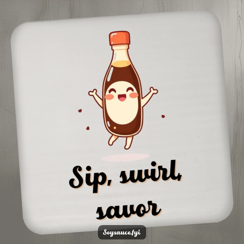 Funny giggling kawaii soy sauce bottle doing a happy pirouette on a drink coaster, a humorous accessory for tables.