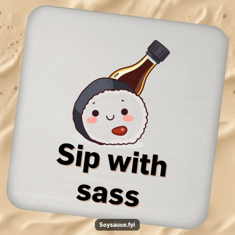Funny coaster set with a soy sauce bottle hiding behind sushi, protecting surfaces with a humorous and artistic touch.