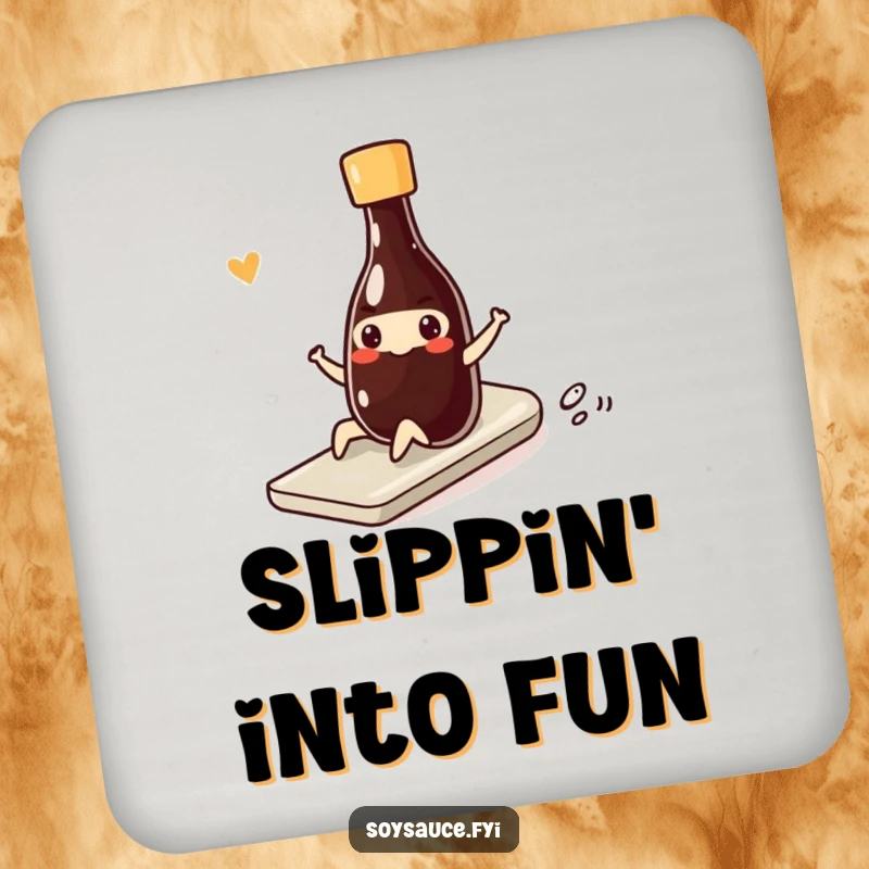 Funny kawaii soy sauce bottle doing a smooth, funny slide with a smile, adding humor and protection to drink surfaces.