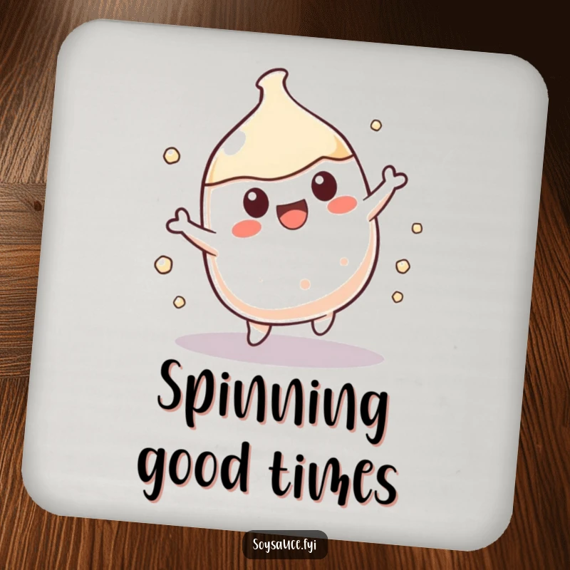 Funny Kawaii soy sauce character in a playful spin, featured on a set of funny drink coasters.