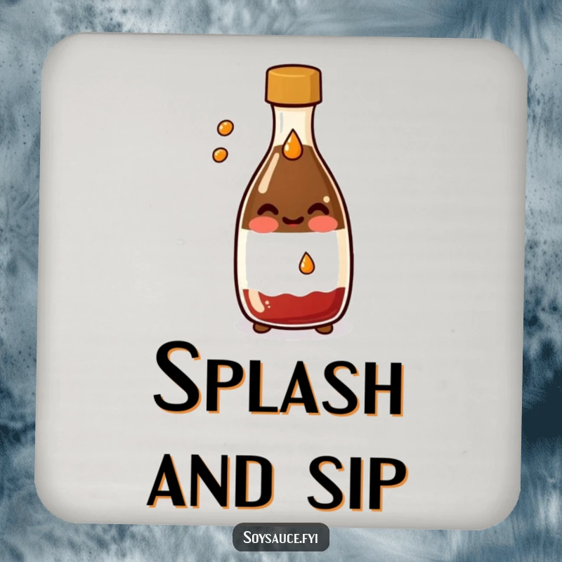 Funny Kawaii soy sauce bottle drink coasters, smiling and splashing a tiny drop, adding a humorous and protective touch.