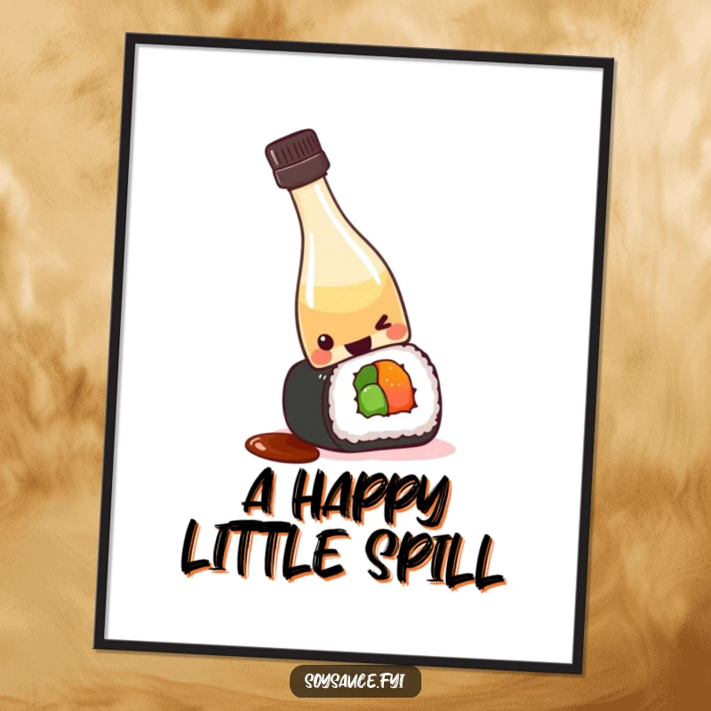 Funny kawaii soy sauce bottle tipping over playfully onto a sushi roll, creating a humorous and eye-catching piece of wall art.