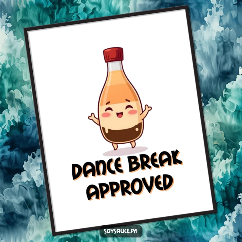 Funny Kawaii soy sauce bottle poster, winking and jigging with cheer, a vibrant and humorous piece of art.