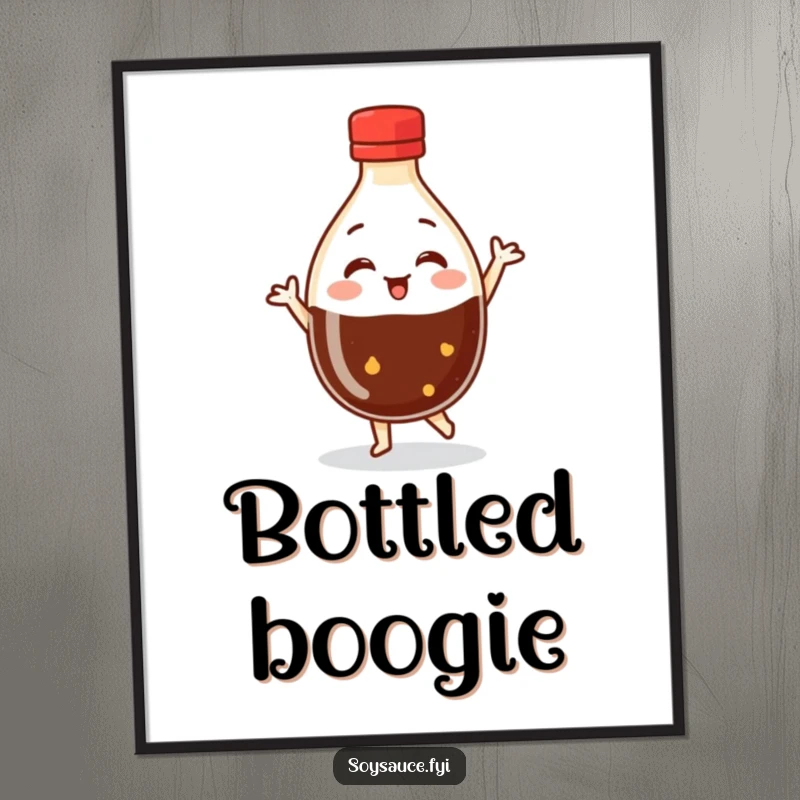 Funny Dancing Soy Sauce Poster depicting a round bottle character in a dynamic dance pose, bringing vibrant humor and energy to decor.