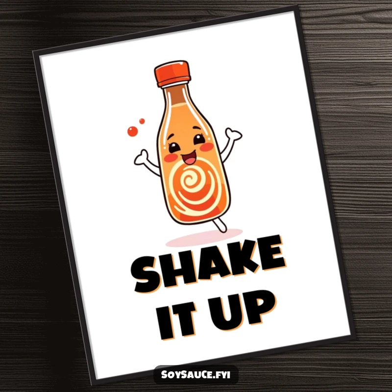 Funny Soy Sauce Poster of a dancing bottle with a cheerful swirl pattern, bringing a taste of fun to walls.