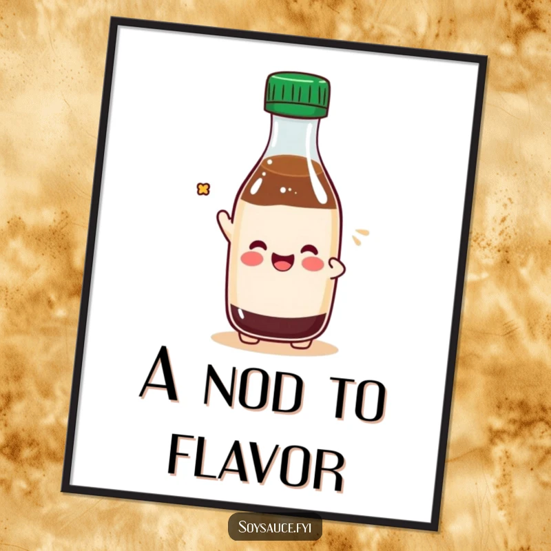 Funny Kawaii soy sauce bottle character tipping its cap playfully, ideal for charming wall art decor.
