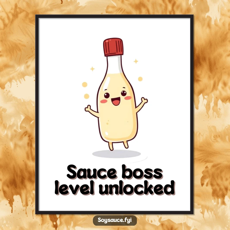 Funny kawaii soy sauce bottle doing a happy dance with its cap, creating a vibrant and humorous piece of wall art.