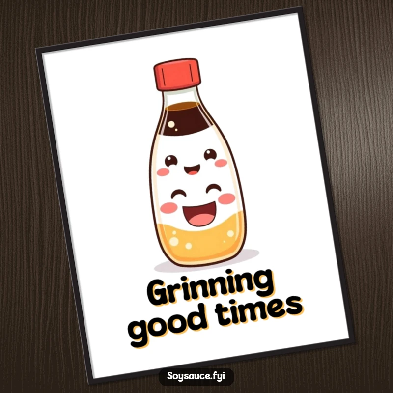 Funny Kawaii soy sauce bottle character with a wide, happy grin, displayed as cheerful wall art.