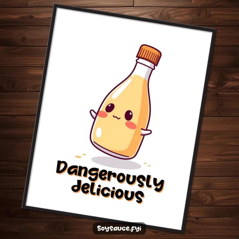 Funny kawaii soy sauce bottle poster, art print showcasing a comical wobble and cute expression, wall decor.