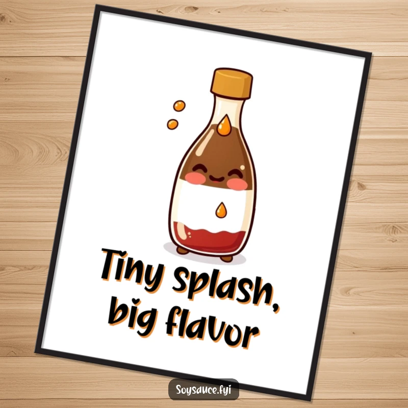 Funny Kawaii soy sauce bottle poster, smiling and splashing a tiny drop, a playful and artistic statement.