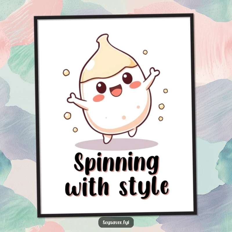 Funny Kawaii soy sauce character captured mid-spin with a joyful expression, perfect for wall art.