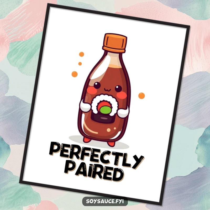 Funny kawaii soy sauce bottle playfully holding a tiny sushi roll, presented as a funny wall poster.