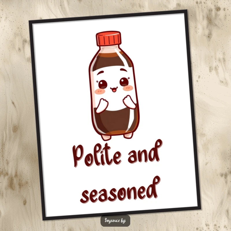 Funny Soy Sauce Poster of a bottle character performing a polite bow, bringing elegant humor to walls.
