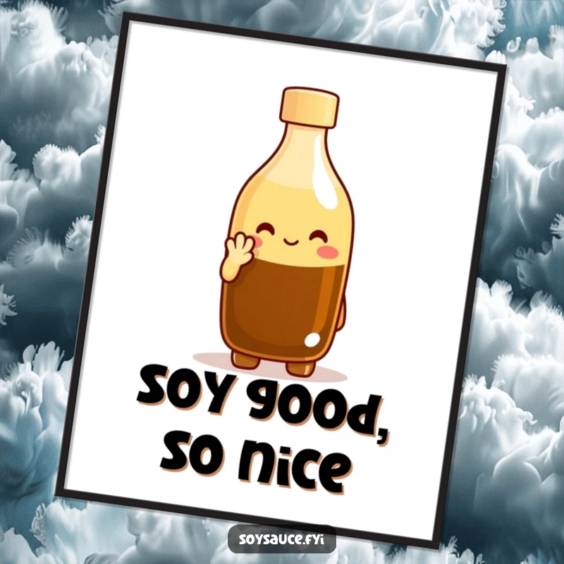 Funny soy sauce bottle character poster, cheerfully nodding, bringing a touch of humor and personality to any room. A delightful funny gift idea.