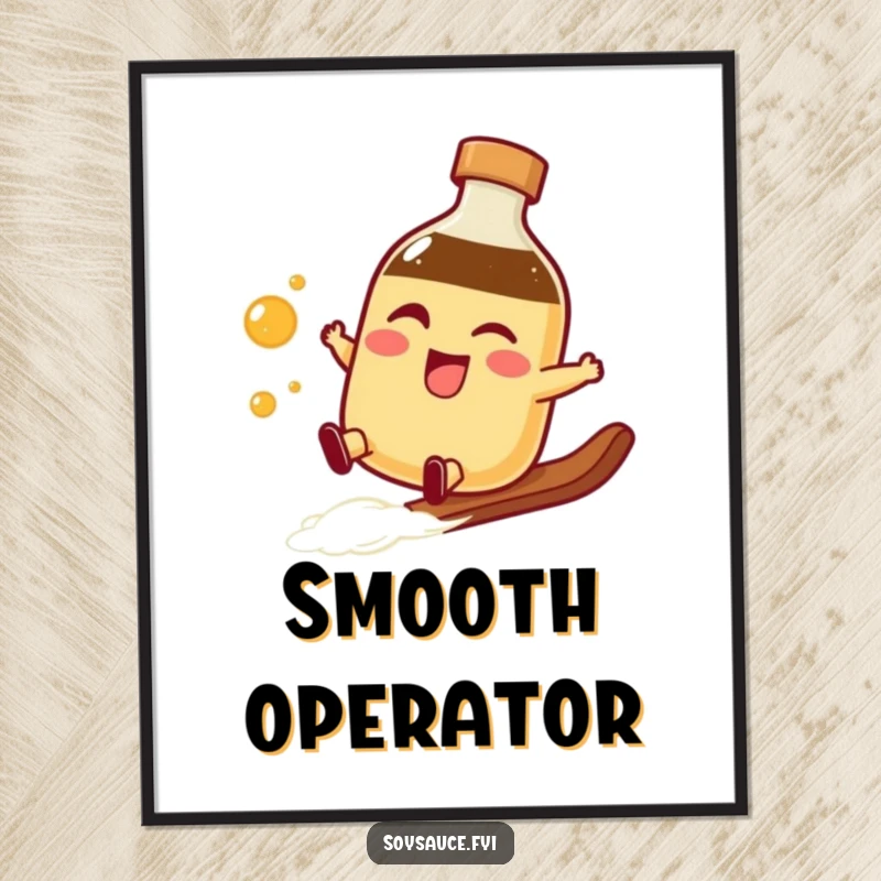 Funny winking soy sauce bottle poster performing a smooth slide, perfect for adding a dynamic and humorous touch to wall art.