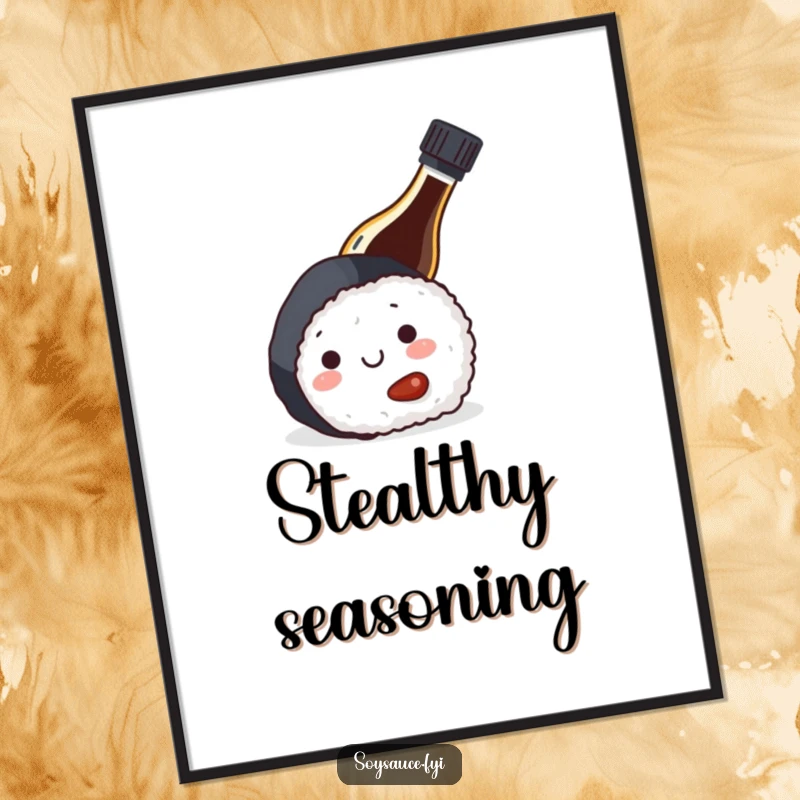 Funny wall art poster of a soy sauce bottle hiding behind sushi, adding a touch of humor to kitchens and dining areas.