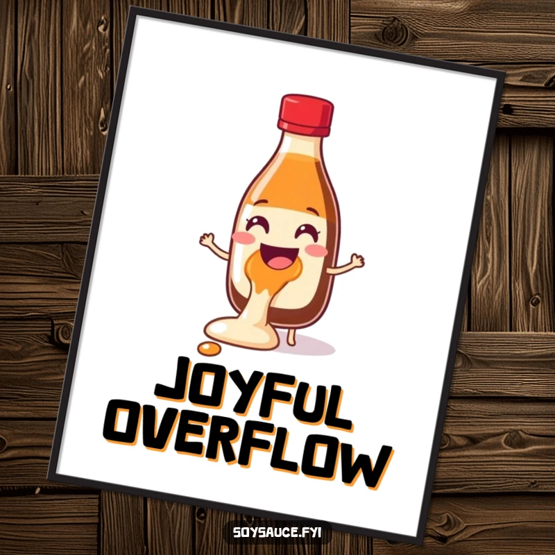 Funny Soy Sauce Glee Spill Poster depicting a cheerful bottle character joyfully spilling, bringing vibrant humor and infectious glee to wall decor.